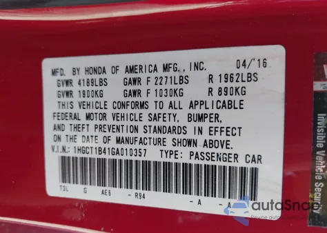 2016 Honda Accord Lx-S from USA, damaged, VIN 1HGCT1B41GA010357